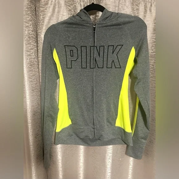 PINK Victoria Secret S Ultimate Hoodie Gray Neon Thumb Hole Pocket - Picture 2 of 4